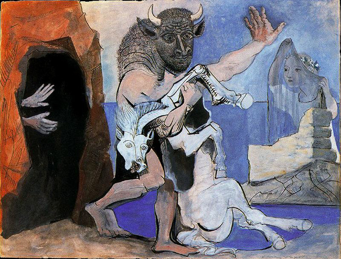 Picasso Minotaur with dead horse in front of a cave facing a girl in veil 1936